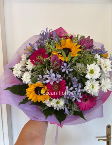 Bouquet misto: girasoli, gerbere, agapanthus, curcuma e mazzetteria